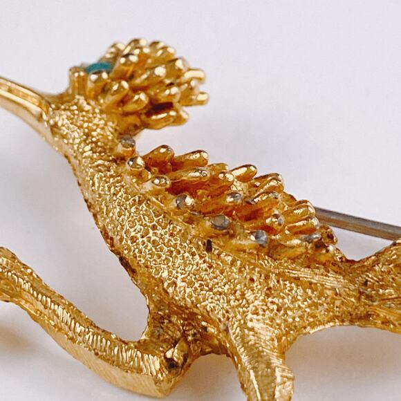 VTG Mid Century Roadrunner Brooch Gold Tone Bird Pin Turquoise Eye Figural - Picture 4 of 8
